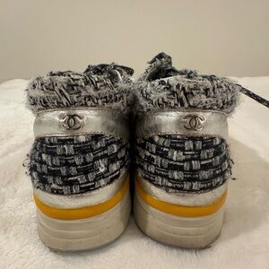 CHANEL Black and Silver Tweed Sneakers with Yellow Detail